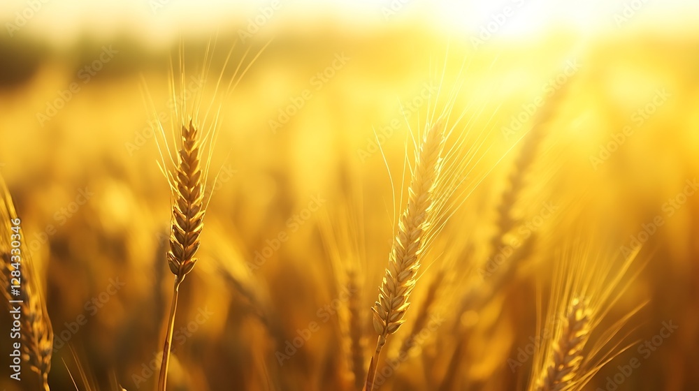 Golden wheat field illuminated by sunlight during a serene harvest season : Generative AI