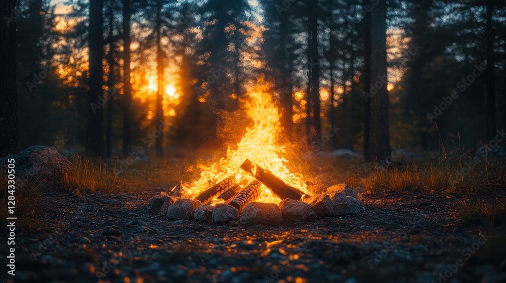 The trees in a woodland flame orange while a campfire burns. Smoke is released into the air as flames dance around brickwork and burning wood. The background is hazy and the night is gloomy. The trees in a woodland flame orange while a campfire burns. Smoke is released into the air as flames dance around brickwork and burning wood. The background is hazy and the night is gloomy.