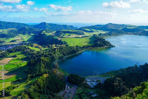 Fototapet Panoramic aerial view of Furnas Lake in the Azores