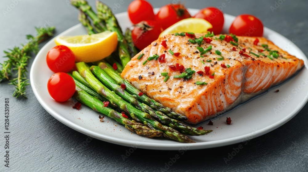 Baked Salmon with Asparagus and Cherry Tomatoes on a Plate Baked Salmon with Asparagus and Cherry Tomatoes on a Plate