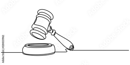 Gavel Continuous Line Icon, One continuous single line of judge hammer isolated on white background, Judge's gavel continuous one line drawing minimalism design isolated on white background, vector.