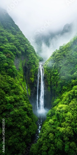 A high waterfall, streams of water falling down among a dense green forest, morning fog creates a mysterious atmosphere. 
