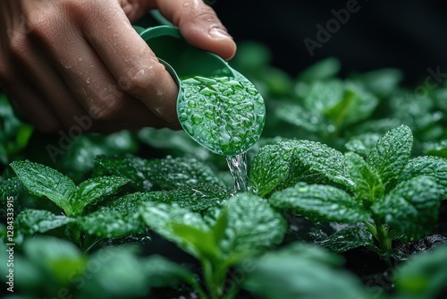 Watering fresh mint plants in a greenhouse during early morning hours for optimal growth