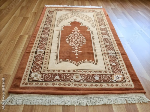 Ornate, terracotta-colored prayer rug with detailed floral design.
