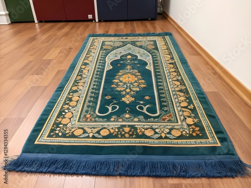 Vibrant Teal Prayer Rug with Intricate Floral Design