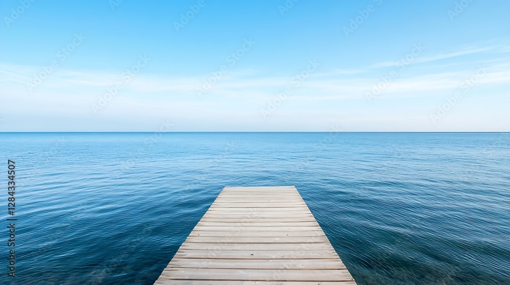 Serene wooden pier extending over calm blue waters under a clear sky in a peaceful coastal landscape : Generative AI Serene wooden pier extending over calm blue waters under a clear sky in a peaceful coastal landscape : Generative AI