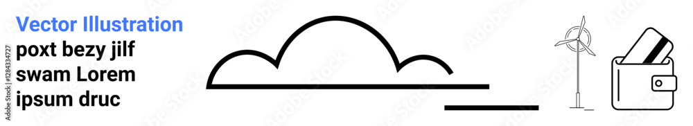 Three elements include a wind turbine, a wallet, and a cloud icon on a simple layout. Ideal for renewable energy, eco-friendly finance, green technology, environmental sustainability, clean energy Three elements include a wind turbine, a wallet, and a cloud icon on a simple layout. Ideal for renewable energy, eco-friendly finance, green technology, environmental sustainability, clean energy