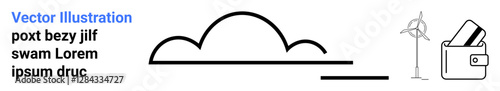 Three elements include a wind turbine, a wallet, and a cloud icon on a simple layout. Ideal for renewable energy, eco-friendly finance, green technology, environmental sustainability, clean energy