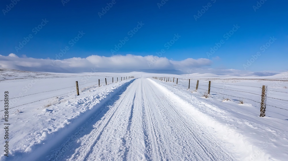 Expansive snowy landscape with a clear blue sky and a road stretching ahead : Generative AI Expansive snowy landscape with a clear blue sky and a road stretching ahead : Generative AI