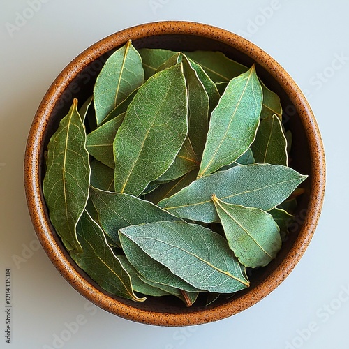 Aromatic Bay Leaves in a Brown Bowl Ready for Culinary Delights and Savory Dish Creations photo