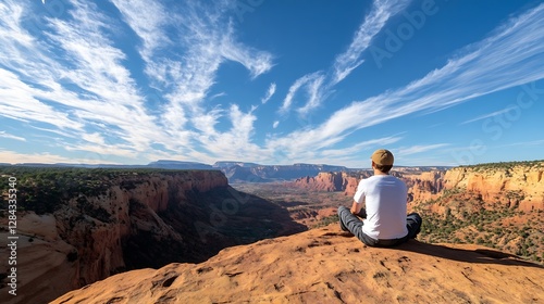 Stunning canyon view with colorful rock formations and a person enjoying the vast landscape : Generative AI