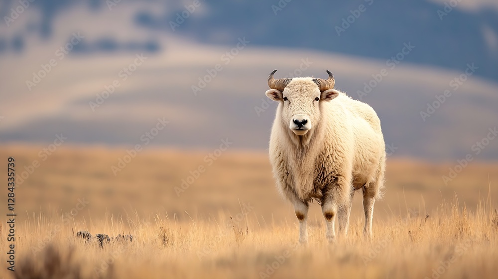 Fluffy white sheep standing gracefully in a golden dry grass field under the open sky : Generative AI Fluffy white sheep standing gracefully in a golden dry grass field under the open sky : Generative AI