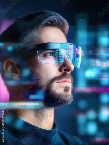 A man with smart glasses checks cyber threats on a transparent display. 