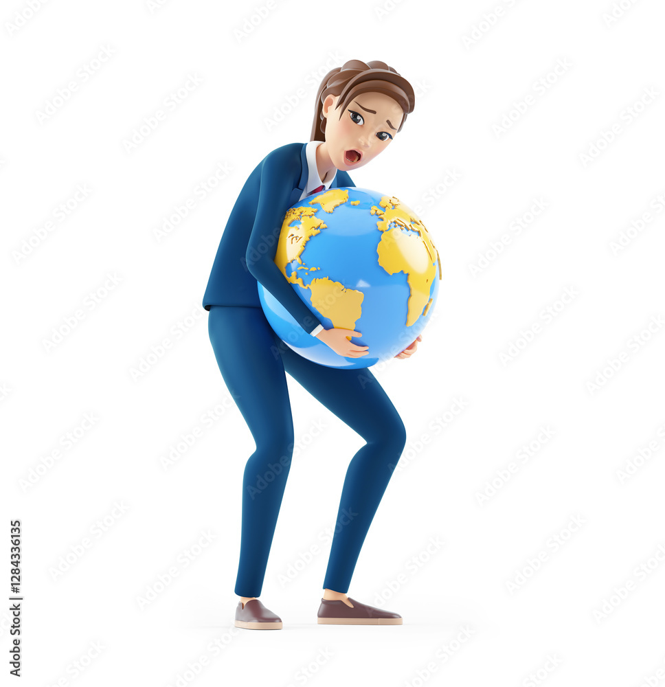 3d cartoon businesswoman lifting heavy earth 3d cartoon businesswoman lifting heavy earth