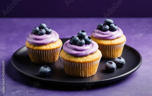 A close-up of cupcakes with blueberry cream frosting on a black plate against a purple background