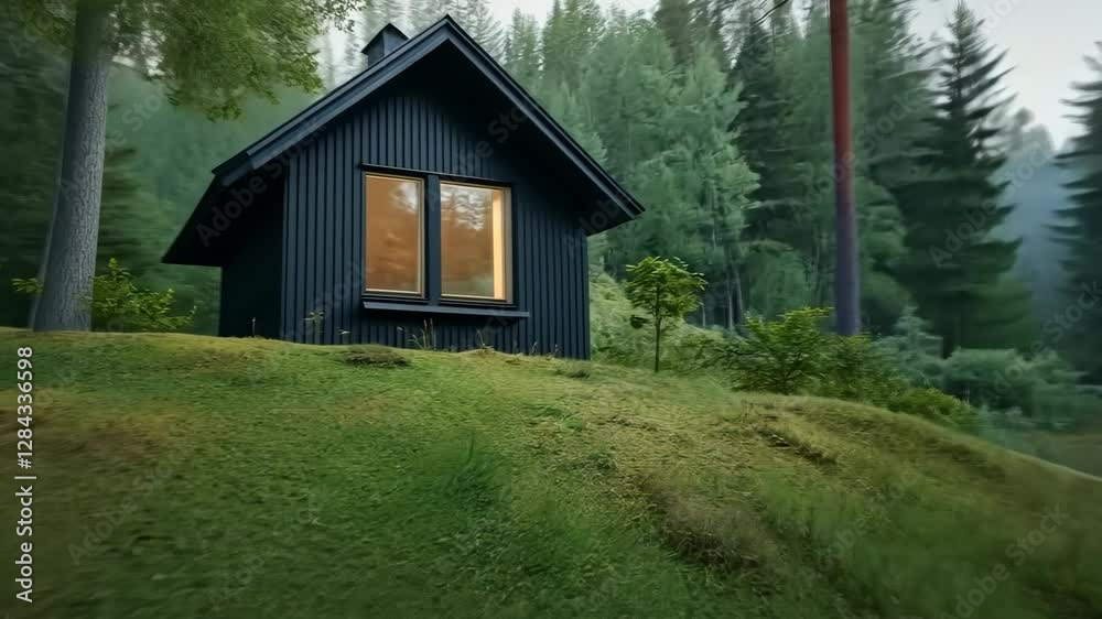 A small black house with a window sits on a grassy hillside in a forest A small black house with a window sits on a grassy hillside in a forest
