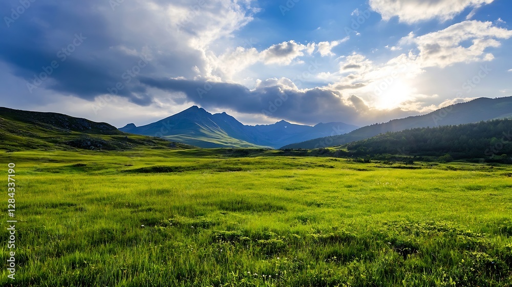 Vast green meadow under a dramatic sky with mountains in the background highlighting nature's majesty and charm : Generative AI Vast green meadow under a dramatic sky with mountains in the background highlighting nature's majesty and charm : Generative AI