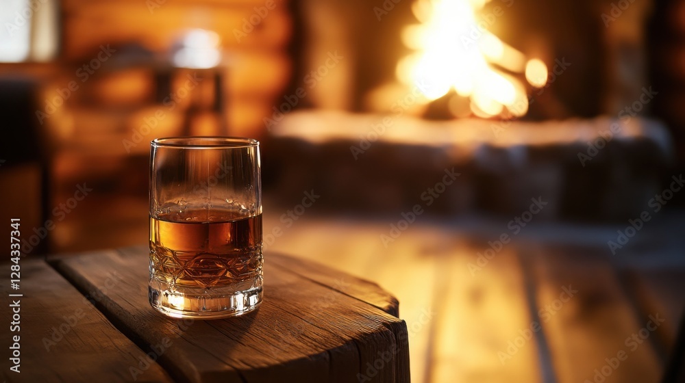 Moderate drinking by a fireplace in a rustic cabin. Featuring warmth and comfort