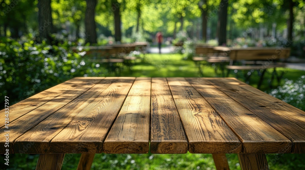 Empty wooden picnic table in park, blurred background of tables and trees Empty wooden picnic table in park, blurred background of tables and trees