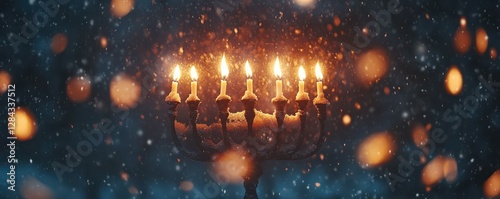 Illuminated menorah in snowy winter night with warm candlelight glow photo