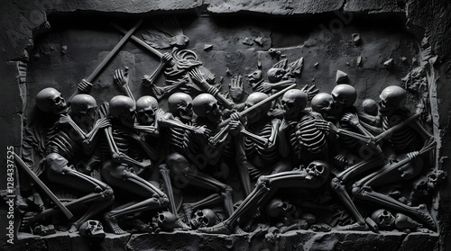black bas-relief battle with skeletons
