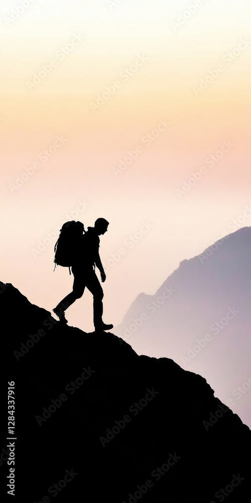 A tourist with a backpack walks along a narrow mountain path, silhouetted against the hazy horizon. A tourist with a backpack walks along a narrow mountain path, silhouetted against the hazy horizon.