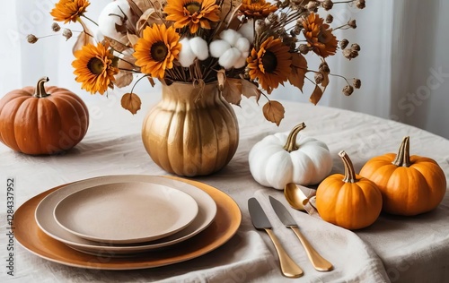 A table set for autumn with a plate, napkin, pumpkins, and fall-themed decorations
