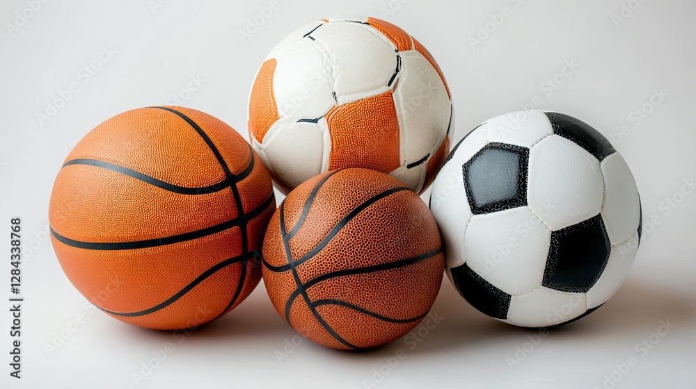 A close-up of soccer, basketball, and volleyballs displayed against a white background, each captured separately in full resolution A close-up of soccer, basketball, and volleyballs displayed against a white background, each captured separately in full resolution