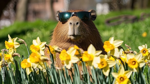 Wallpaper Mural On a sunny day, a capybara relaxes among blooming daffodils, accessorized with stylish sunglasses in a vibrant garden Torontodigital.ca