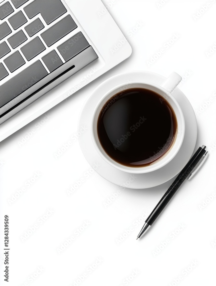 A workplace with a laptop, a cup of coffee, a notebook and a pen, top view, minimalistic aesthetics.