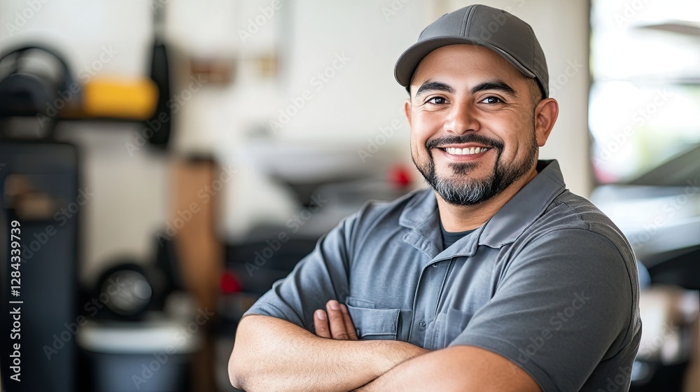 A smiling man, wearing a gray uniform and cap, presents a friendly attitude while posing confidently in a workplace A smiling man, wearing a gray uniform and cap, presents a friendly attitude while posing confidently in a workplace