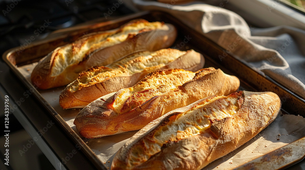 Freshly baked baguettes on a baking tray in natural sunlight. Crispy golden crust and artisanal bread perfect for bakery or home baking themes. Freshly baked baguettes on a baking tray in natural sunlight. Crispy golden crust and artisanal bread perfect for bakery or home baking themes.