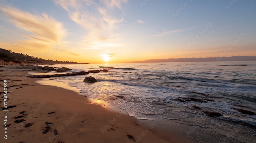 Stunning sunset view over calm ocean waves along a serene sandy beach : Generative AI Stunning sunset view over calm ocean waves along a serene sandy beach : Generative AI