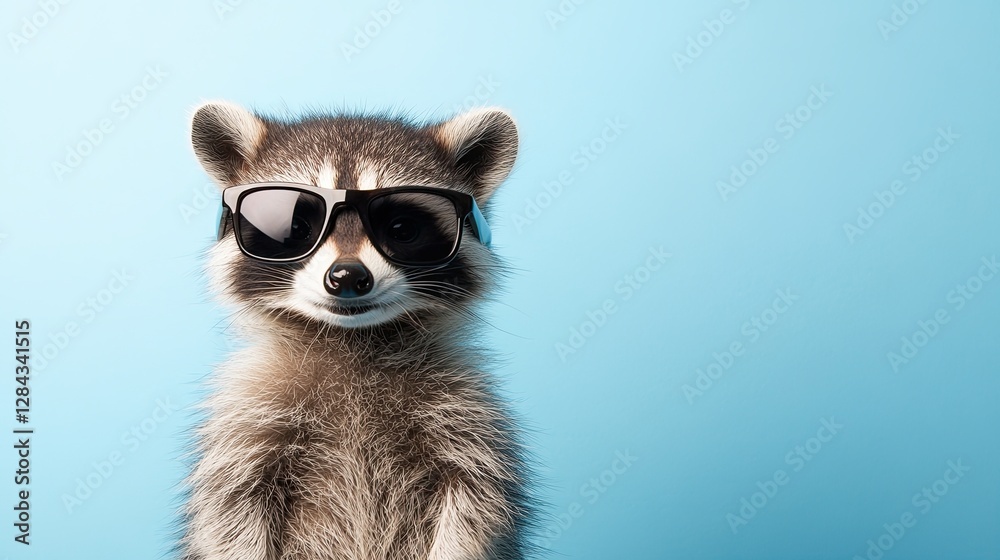 Fototapeta premium In a lighthearted moment, a raccoon dons fashionable sunglasses and poses against a bright blue background
