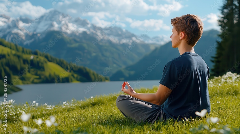 Digital detox promotes relaxation and the power to unplug. A boy meditating in a serene mountain landscape by a lake. Digital detox promotes relaxation and the power to unplug. A boy meditating in a serene mountain landscape by a lake.