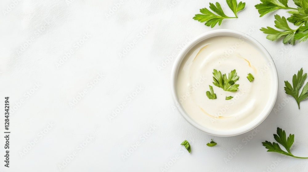 Creamy White Sauce with Fresh Parsley on White Background Creamy White Sauce with Fresh Parsley on White Background