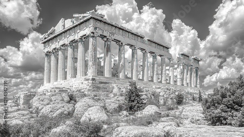 Black and white Parthenon ruins, Greece, dramatic sky, historical landmark photo