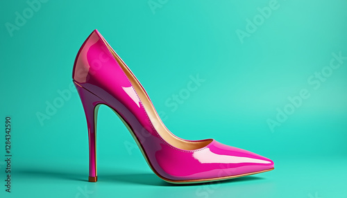 Glossy pink high heel shoe on a bright turquoise background, themed for Women's Day with copy space