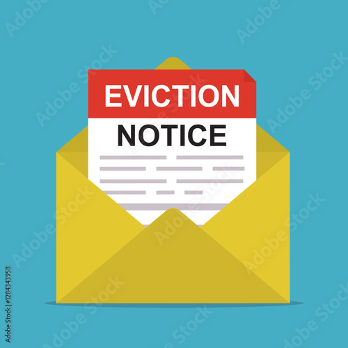 Eviction notice legal document in envelope. Letter with paper document on blue background. Notice to vacate form eviction credit debt real estate, business concept