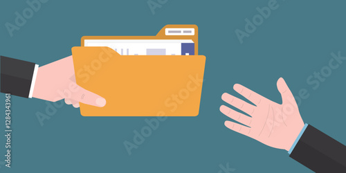 Businessman giving document file to coworker. Human hand give yellow folder with data. Database, paperwork. Colleagues exchange information.
