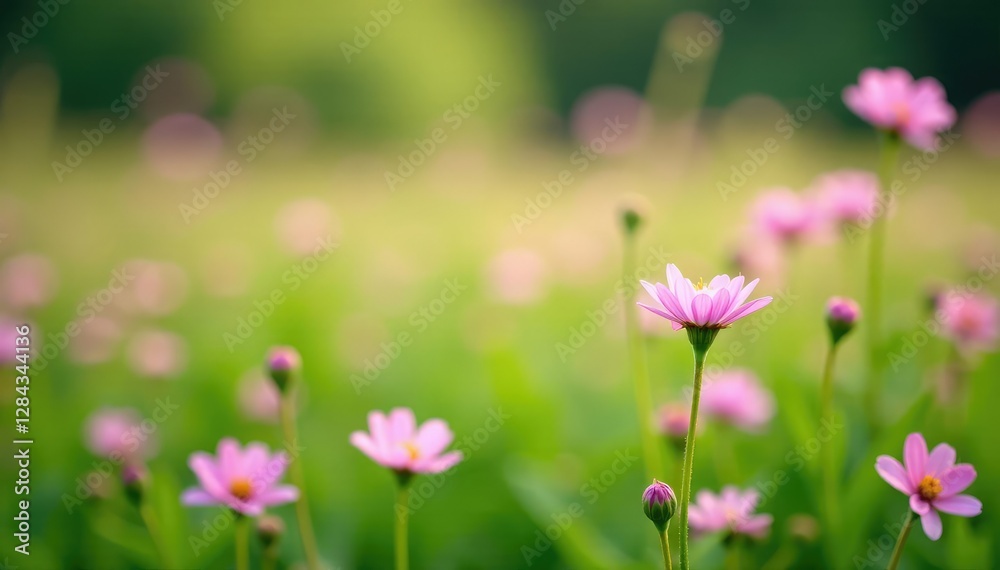 Pastel pink flowers blooming in a lush green meadow, flowers, wildflowers Pastel pink flowers blooming in a lush green meadow, flowers, wildflowers