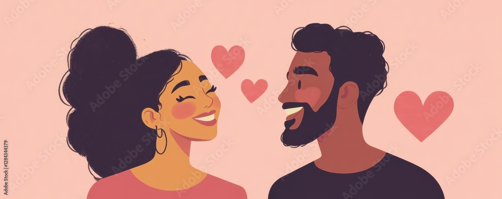 Romantic couple smiling at each other with hearts in the background Romantic couple smiling at each other with hearts in the background
