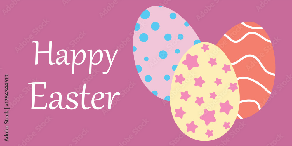 Easter Greeting with Decorated Eggs and Festive Text on Pink Background Easter Greeting with Decorated Eggs and Festive Text on Pink Background