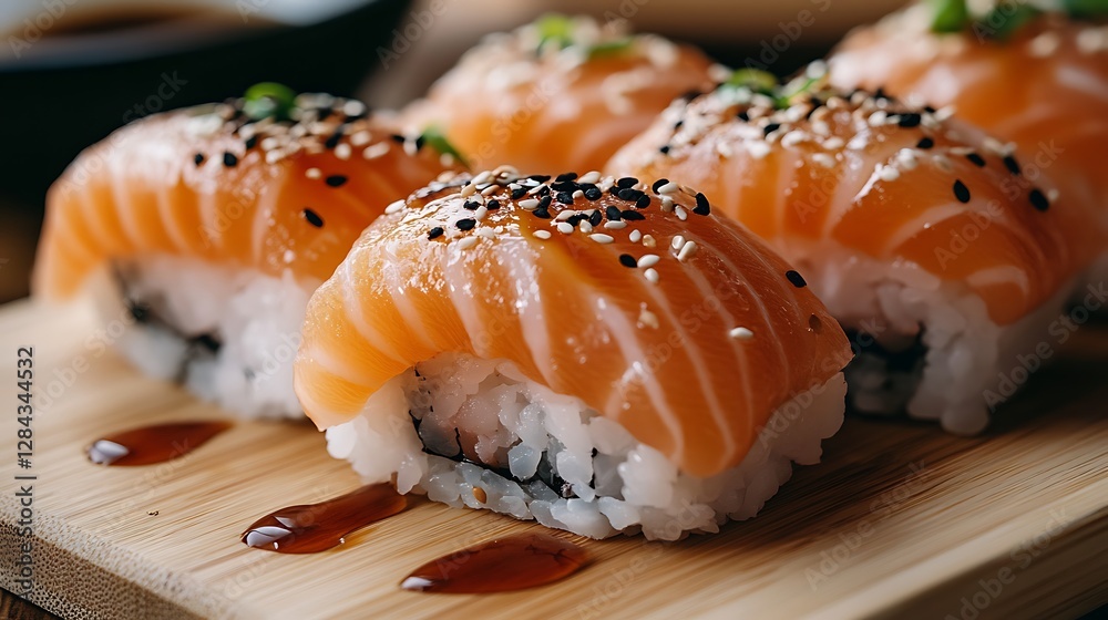 Fresh Salmon Nigiri Sushi Restaurant Food Plate Arrangement Fresh Salmon Nigiri Sushi Restaurant Food Plate Arrangement