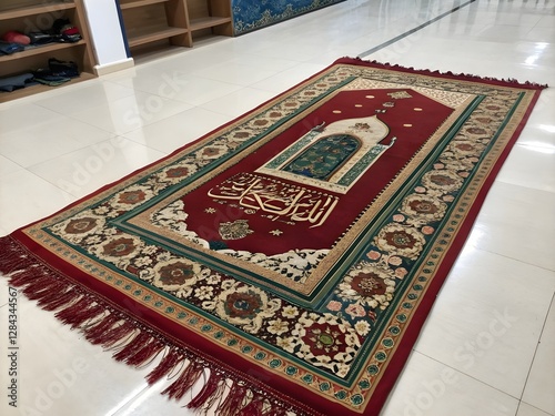 Ornate Red Prayer Rug with Islamic Design
