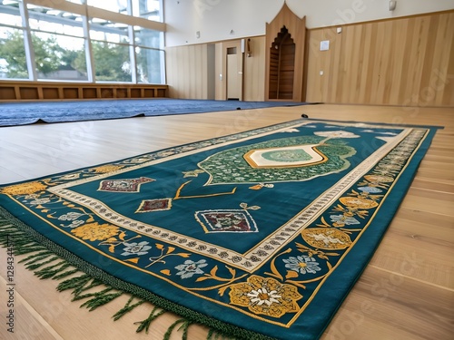 Beautiful teal prayer rug in a modern mosque