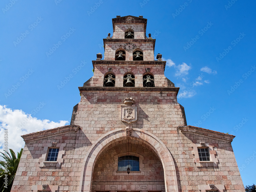 Bell Tower of the Church of the Assumption, Santa María de la Asunción in Spanish. Cangas de Onís, Asturias, Spain, Europe Bell Tower of the Church of the Assumption, Santa María de la Asunción in Spanish. Cangas de Onís, Asturias, Spain, Europe
