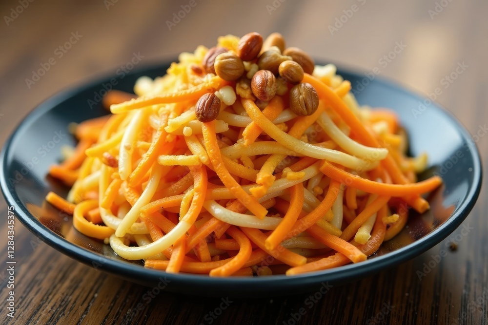 Pile of shredded cabbage and carrots topped with toasted chopped nuts, carrots, shredded, decoration Pile of shredded cabbage and carrots topped with toasted chopped nuts, carrots, shredded, decoration
