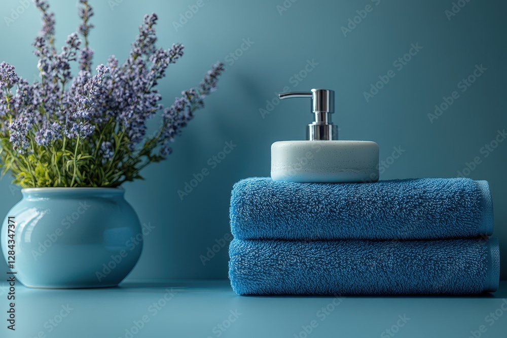 Relaxing bathroom decor with lavender and soft blue towels creating a serene atmosphere for self-care Relaxing bathroom decor with lavender and soft blue towels creating a serene atmosphere for self-care