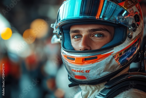 Young race car driver in a helmet captures focus and determination during a motorsport event